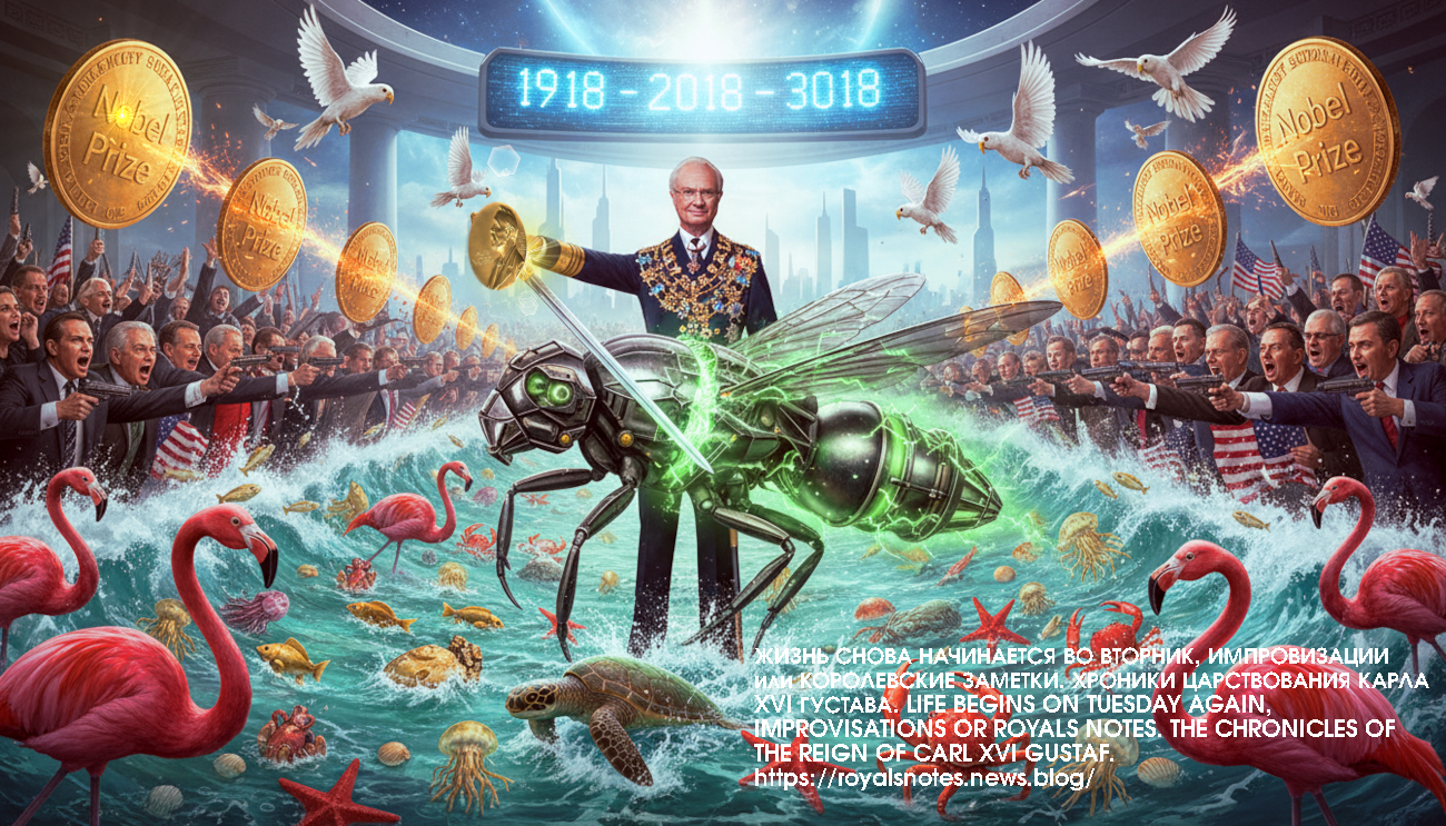 Modern Art Fantasy in Fantasy Style King of Sweden Carl XVI Gustaf Nobel Prize in Literature 1918 2018 3018 - Romanov Royal Family, Bentley and Writer Ganova Ludmila with Novel RUSSIAN MONARCHY-2010 / Artist Ilya Tsurikov & Поэт Ket Gun