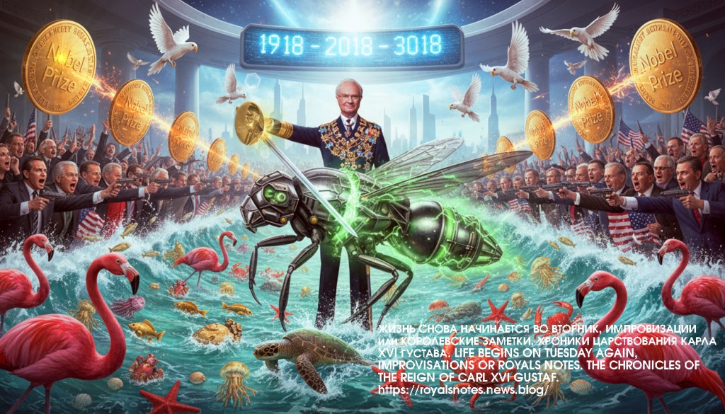 Modern Art Fantasy in Fantasy Style King of Sweden Carl XVI Gustaf Nobel Prize in Literature 1918 2018 3018 - Romanov Royal Family, Bentley and Writer Ganova Ludmila with Novel RUSSIAN MONARCHY-2010 / Artist Ilya Tsurikov & Поэт Ket Gun