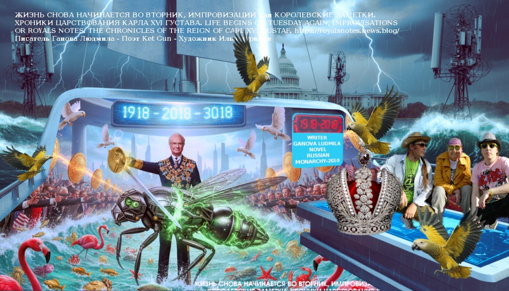 Modern Art Fantasy in Fantasy Style King of Sweden Carl XVI Gustaf 3018 Nobel Prize in Literature 2018 - Romanov Royal Family, Bentley and Writer Ganova Ludmila with Novel RUSSIAN MONARCHY-2010 / Artist Ilya Tsurikov & Поэт Ket Gun