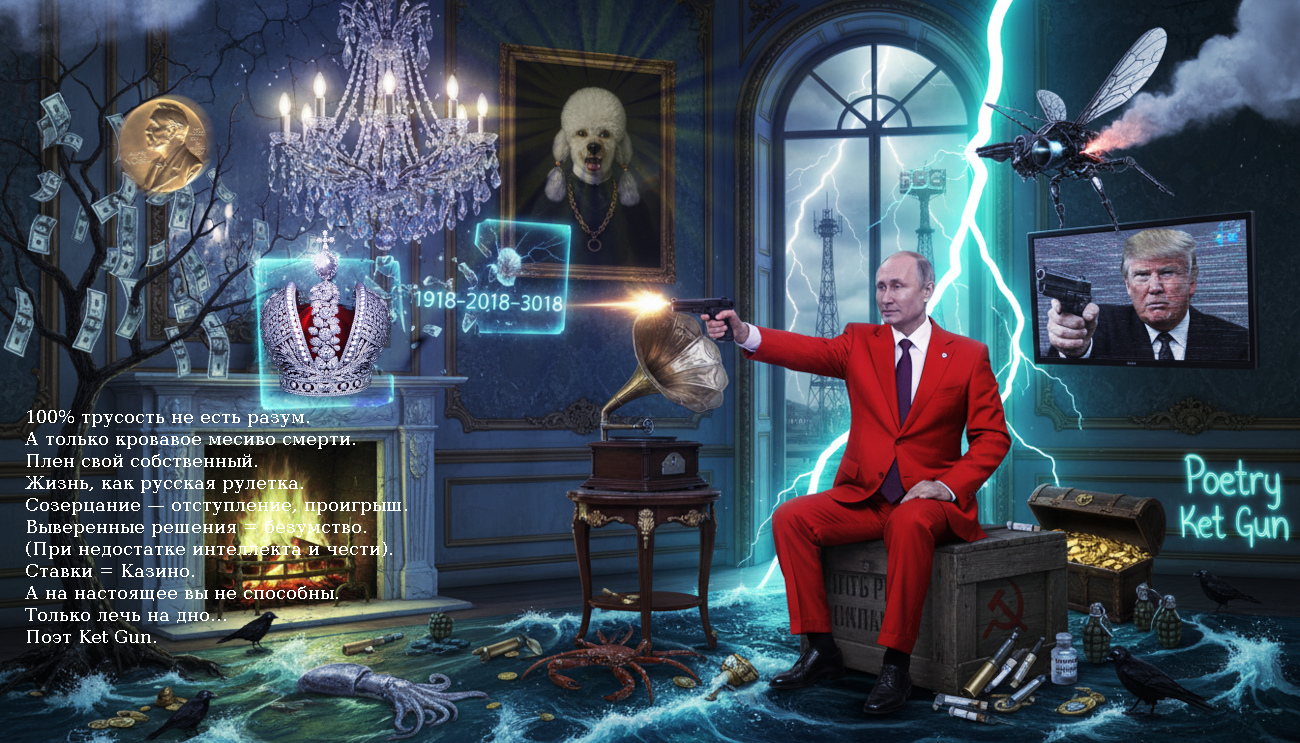 Modern Art Fantasy Collage in Fantasy Style Putin Trump - Writer Ganova Ludmila Novel about restoration of legitimate political power in Russia MONARCHY of ROMANOVS - Novel RUSSIAN MONARCHY-2010 - Artist Ilya Tsurikov & Поэт Ket Gun