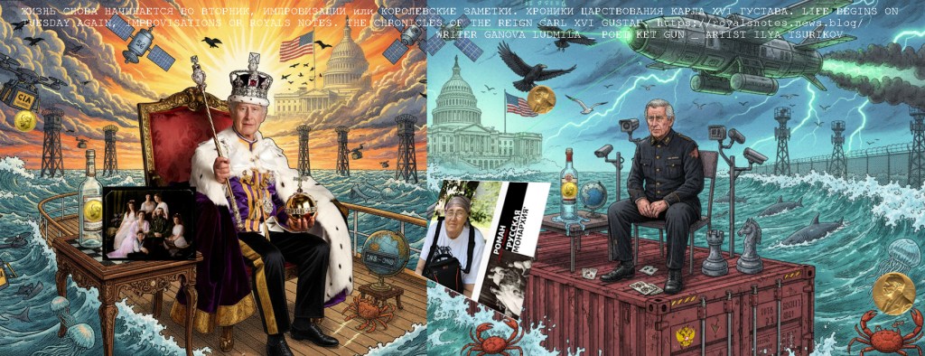 Modern Art in Fantasy Style King Charles III in modern reality & Writer Ganova Ludmila Nobel Prize 2018 - Novel Russian Monarchy 2010 / Artists Ilya Tsurikov & Poet Ket Gun